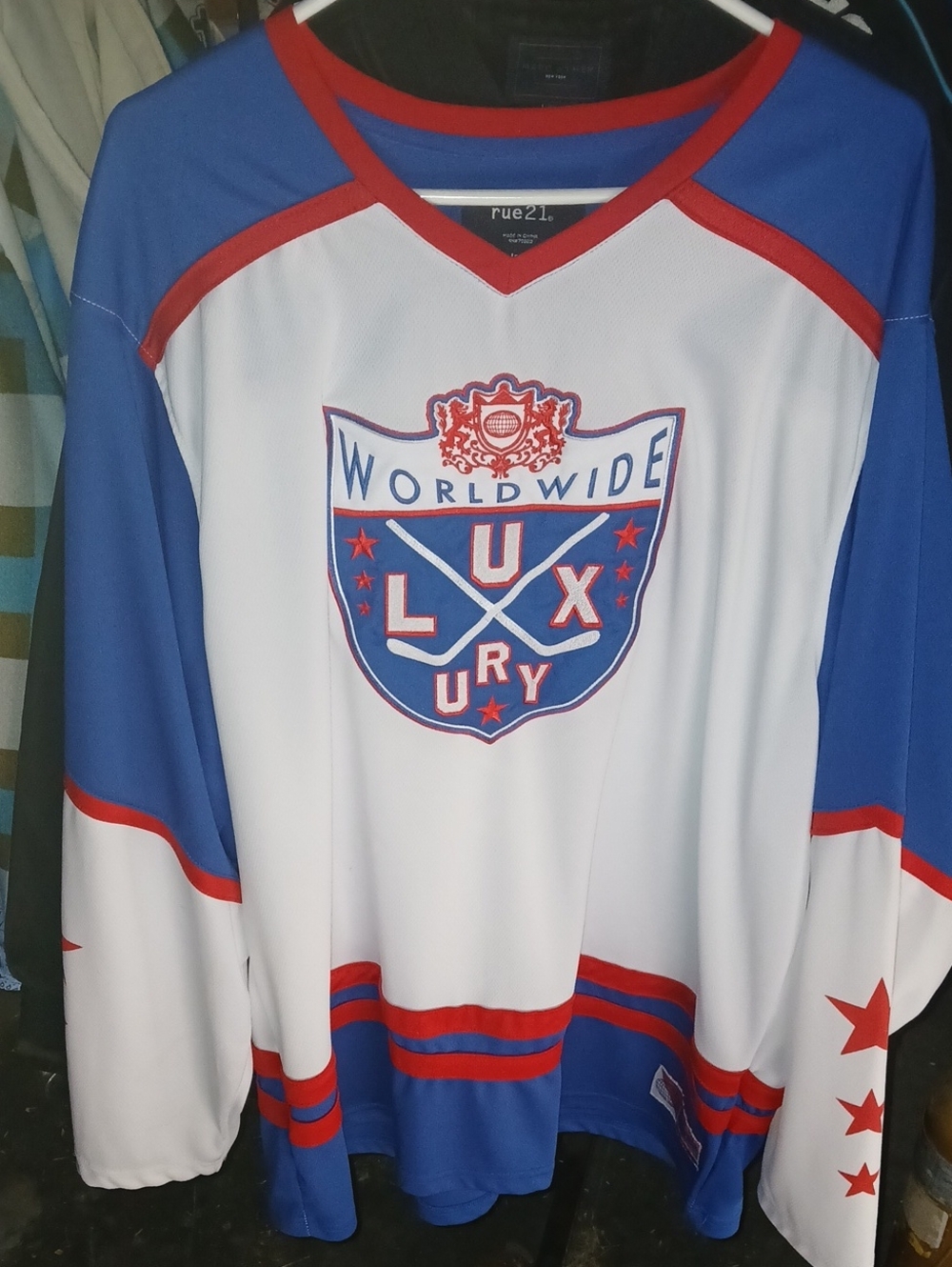 Rue21 White and Blue Hockey Jersey with Red Trim